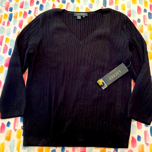 NWT Lauren Ralph Lauren NAVY cotton v-neck 3/4 sleeve sweater, Medium - Picture 1 of 6